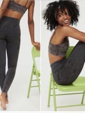 Offline by Aerie Women Small Black Acid Wash High-Rise Leggings Ribbed Athletic